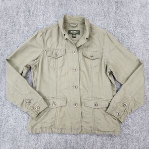 Eddie Bauer Jacket Women Large Green Linen Blend Metal Button Casual Safari Coat